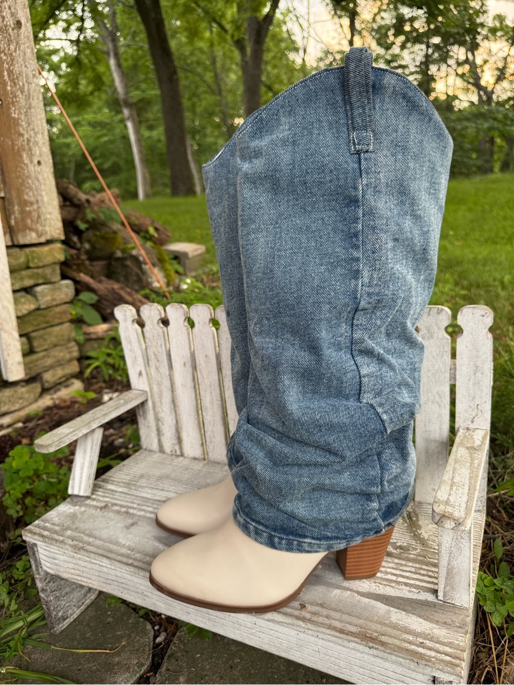 NWT Knee High Denim Slouchy Faux Leather Western Boots